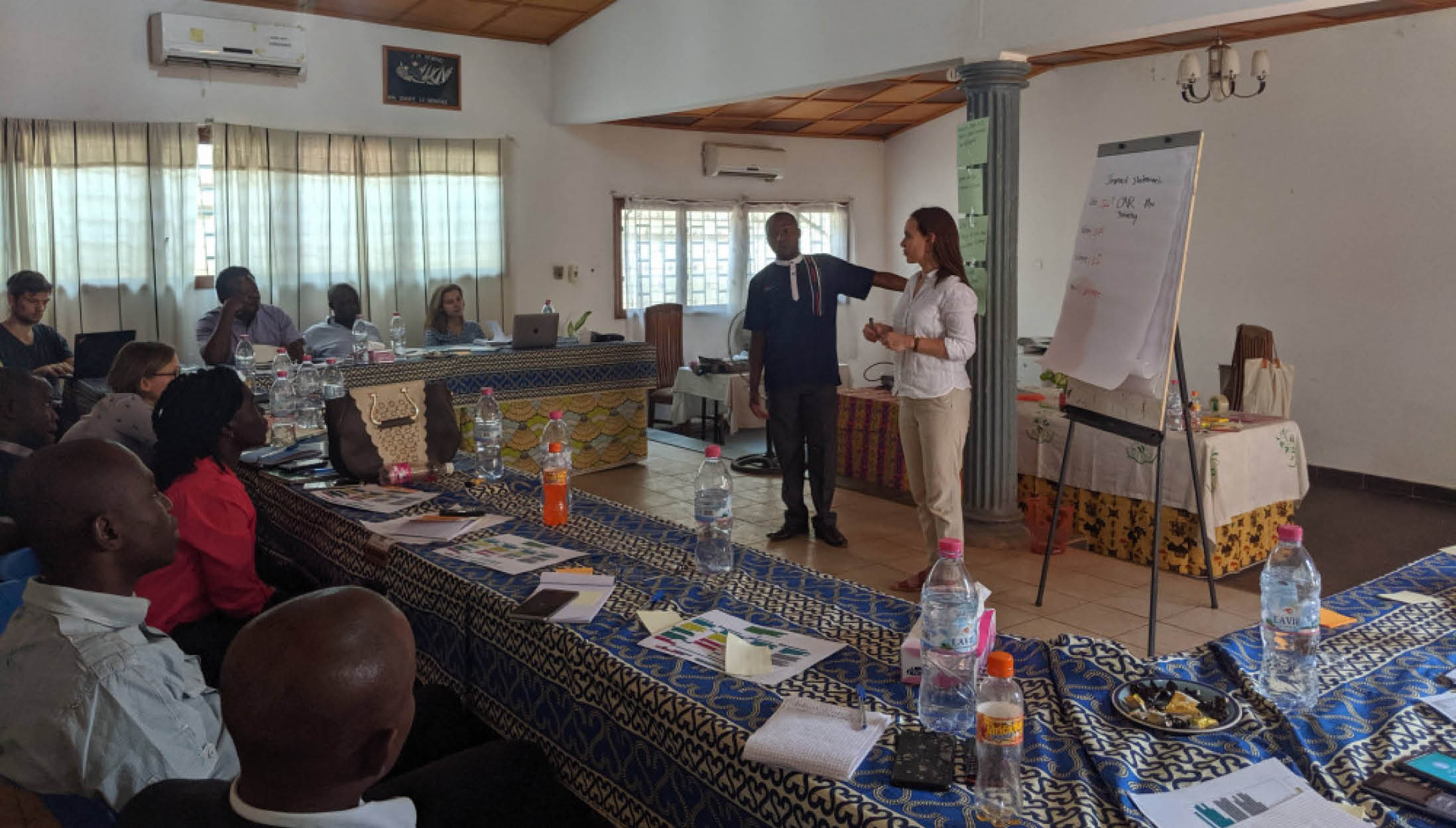 A man and a woman, leading a workshop with a group of people in CAR